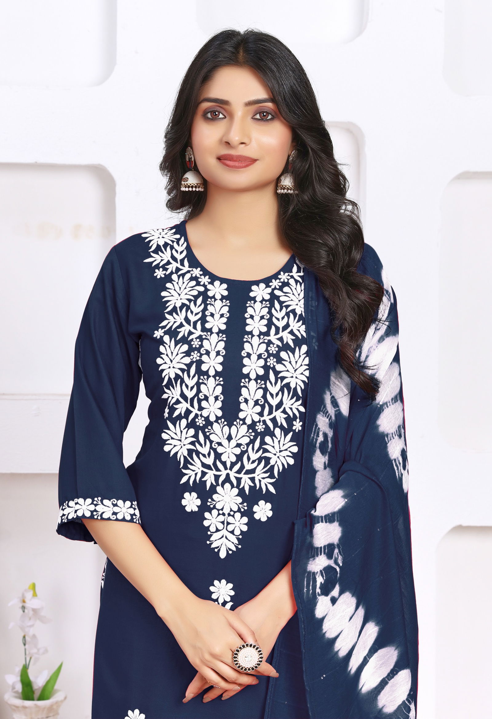 White Thread Pearl Viscose Rayon Designer Kurti With Bottom Dupatta Wholesale Shop In Surat